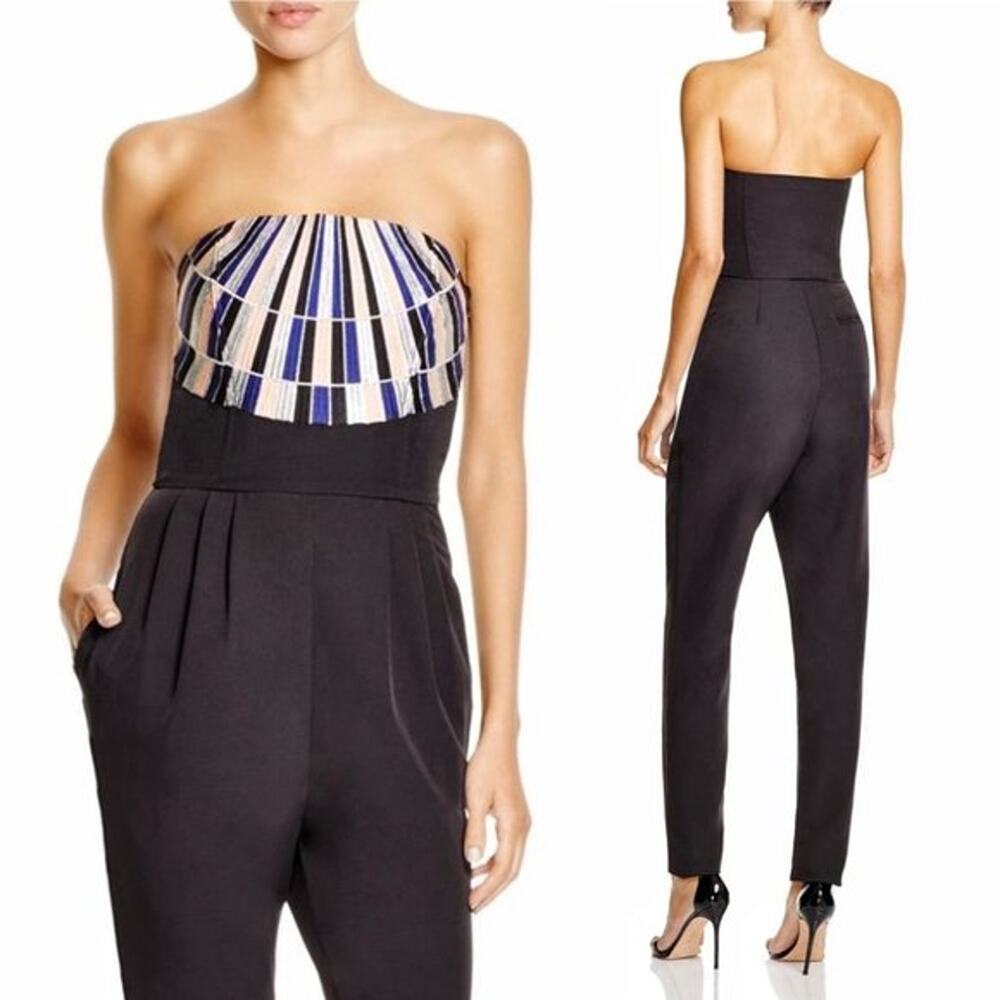 EUC Mara Hoffman Strapless Embroidered Jumpsuit Black Geo 2 Pleated Tapered Leg